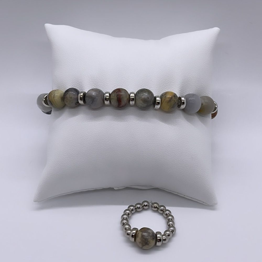 NWT Wool + Pepper Co. Agate + Silver Beaded Bracelet + Ring set
